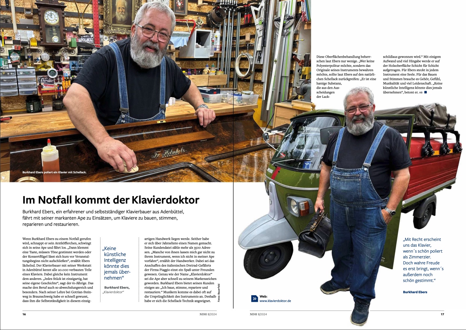 Doppelseite aus dem Norddeutschen Handwerk 8/2024: Im Notfall kommt der Klavierdoktor
